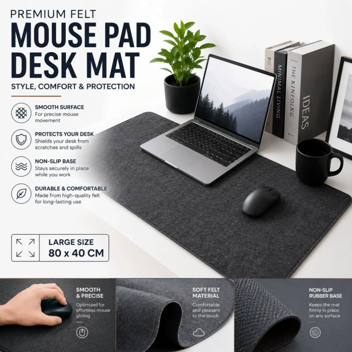 Felt Desk Mat, Large Mouse Pad 80x40cm, Grey Cotton Linen Fabric
