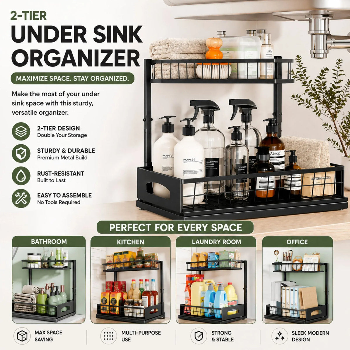 CARLA HOME 2 Tier Under Sink Organiser with Sliding Drawer, Cabinet Shelf, Black