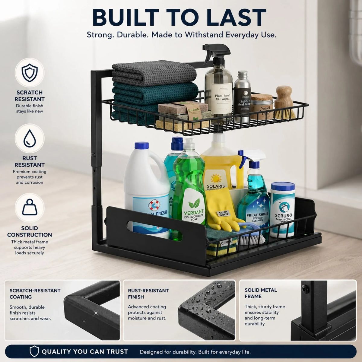 CARLA HOME 2 Tier Under Sink Organiser with Sliding Drawer, Cabinet Shelf, Black
