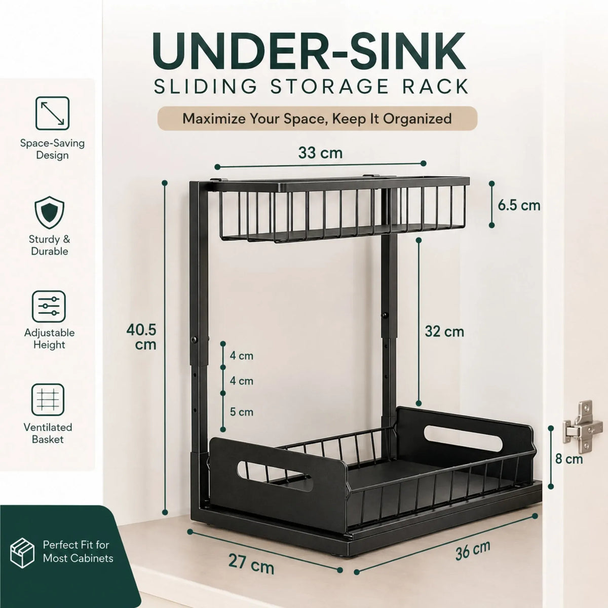 CARLA HOME 2 Tier Under Sink Organiser with Sliding Drawer, Cabinet Shelf, Black
