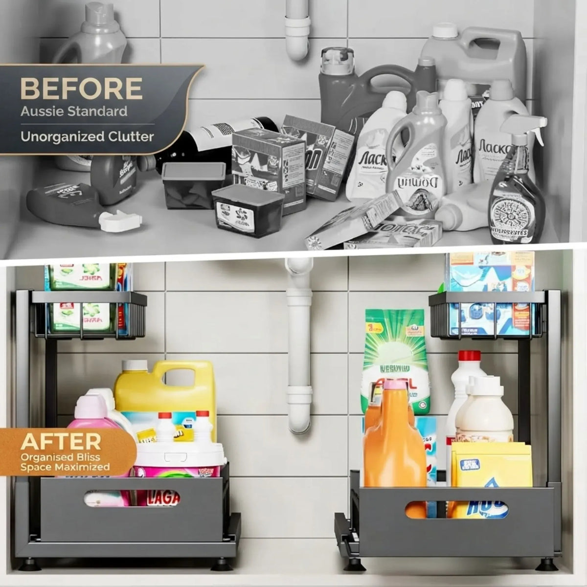 CARLA HOME 2 Tier Under Sink Organiser with Sliding Drawer, Cabinet Shelf, Black