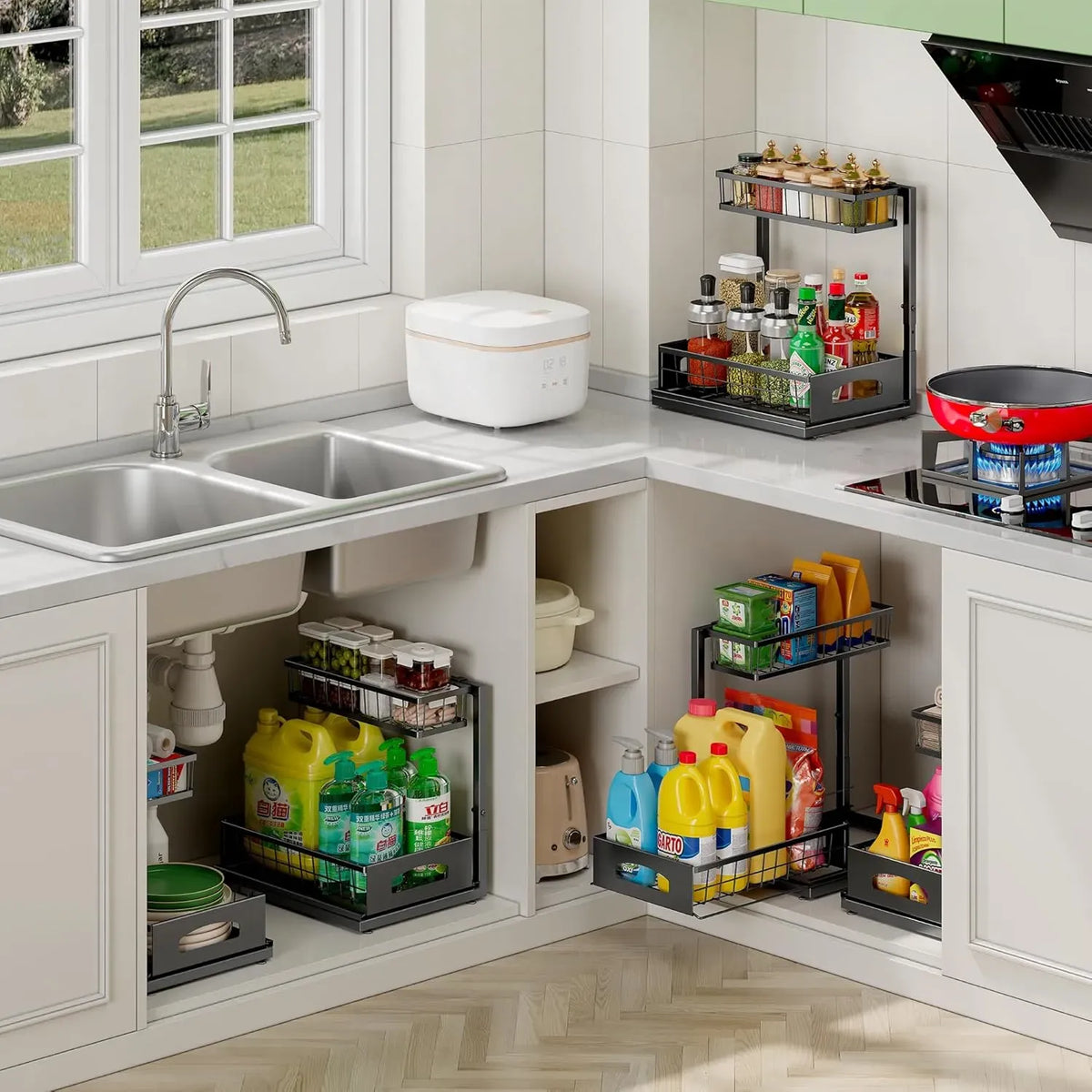 CARLA HOME 2 Tier Under Sink Organiser with Sliding Drawer, Cabinet Shelf, Black