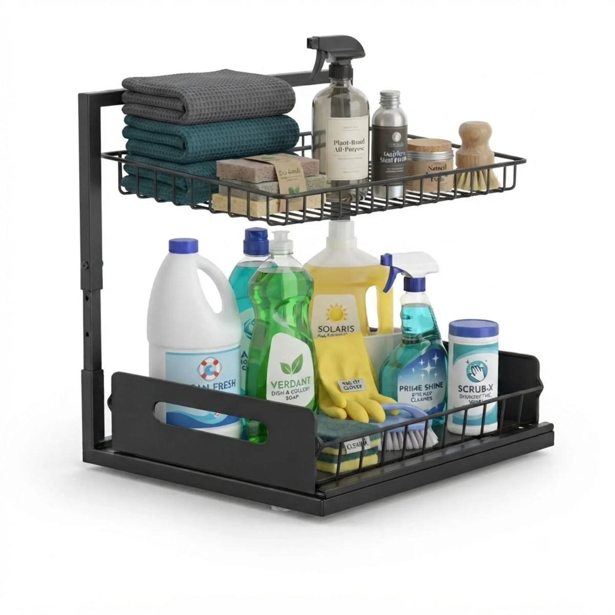 CARLA HOME 2 Tier Under Sink Organiser with Sliding Drawer, Cabinet Shelf, Black
