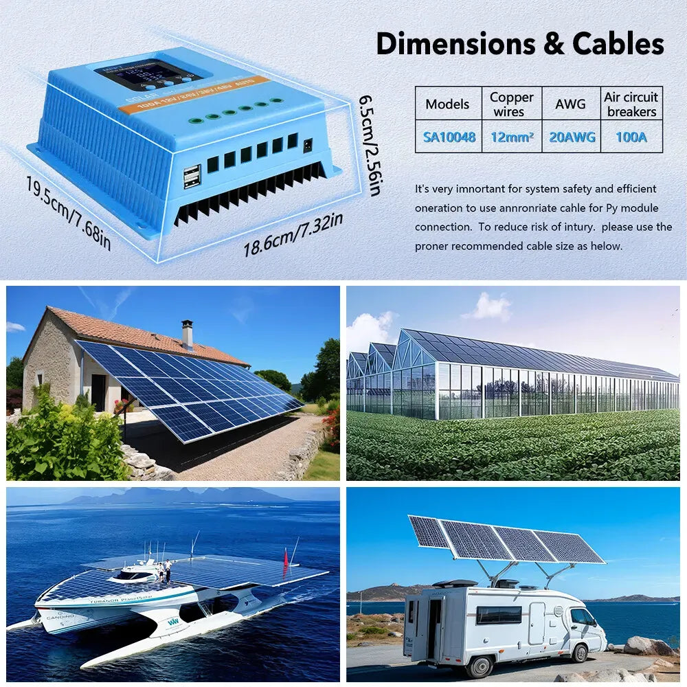 MPPT Solar Charge Controller 60A, Blue, LCD Display, Dual USB, 12V/24V/36V/48V