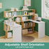 Adjustable Computer Desk with Storage Shelving in White Jointed Oak, 131x86x106cm