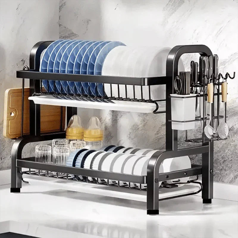 Compact 2-Tier Dish Drying Rack with Drainboard