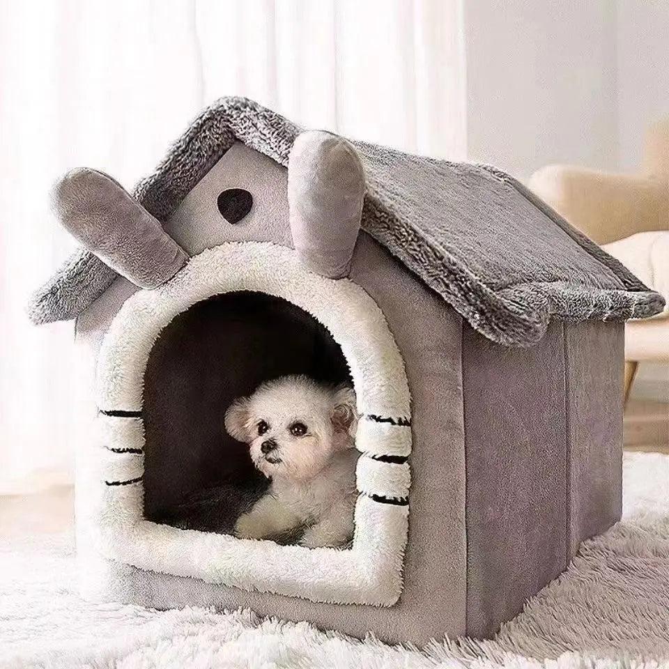 Soft Indoor Dog House & Bed – Washable Plush Pet Hut, Grey, Small Dogs