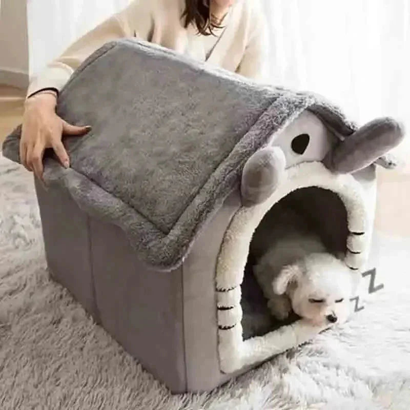 Soft Indoor Dog House & Bed – Washable Plush Pet Hut, Grey, Small Dogs