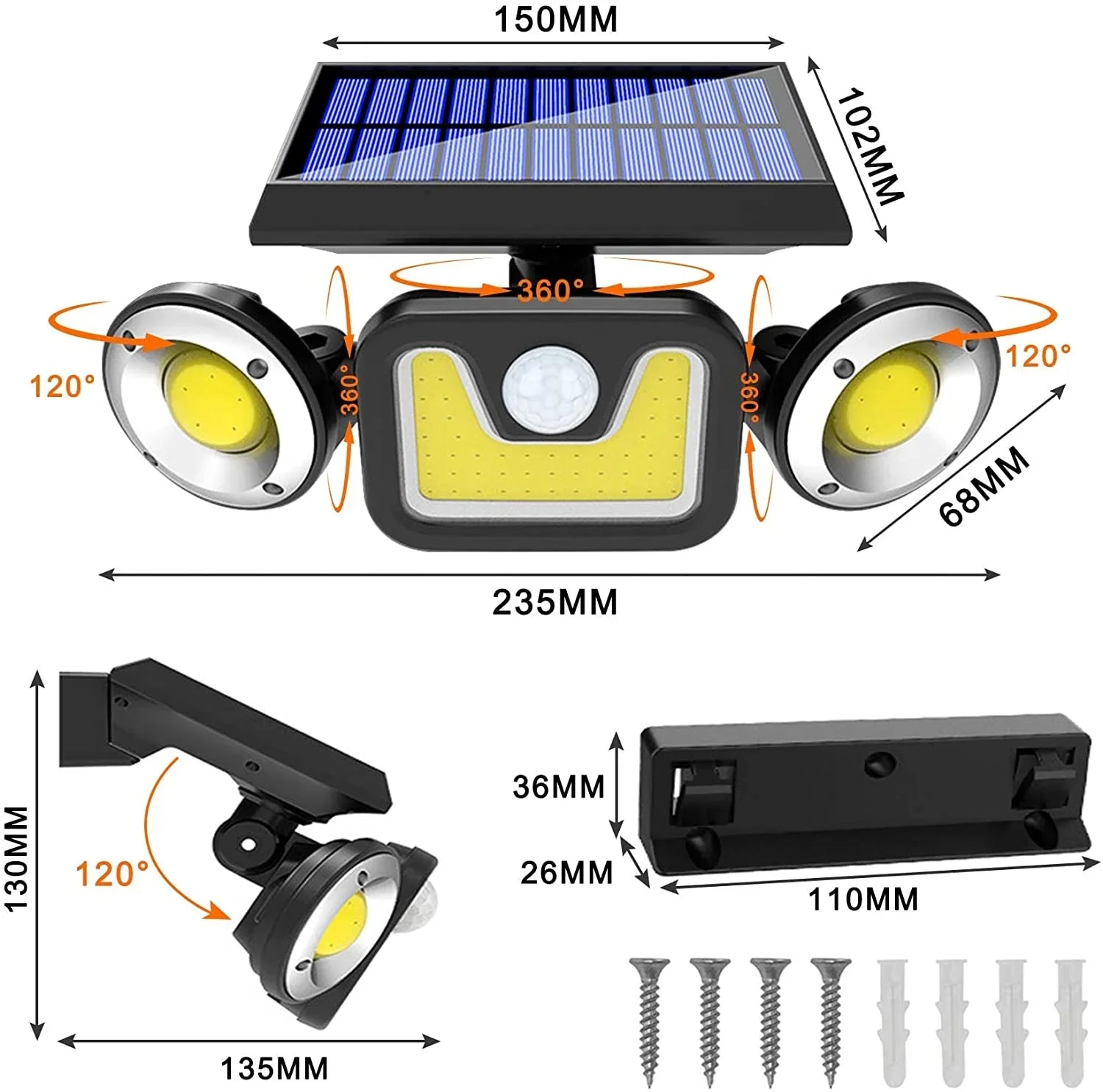Outdoor Solar Security Light with 3 Adjustable Heads for Garden & Patio