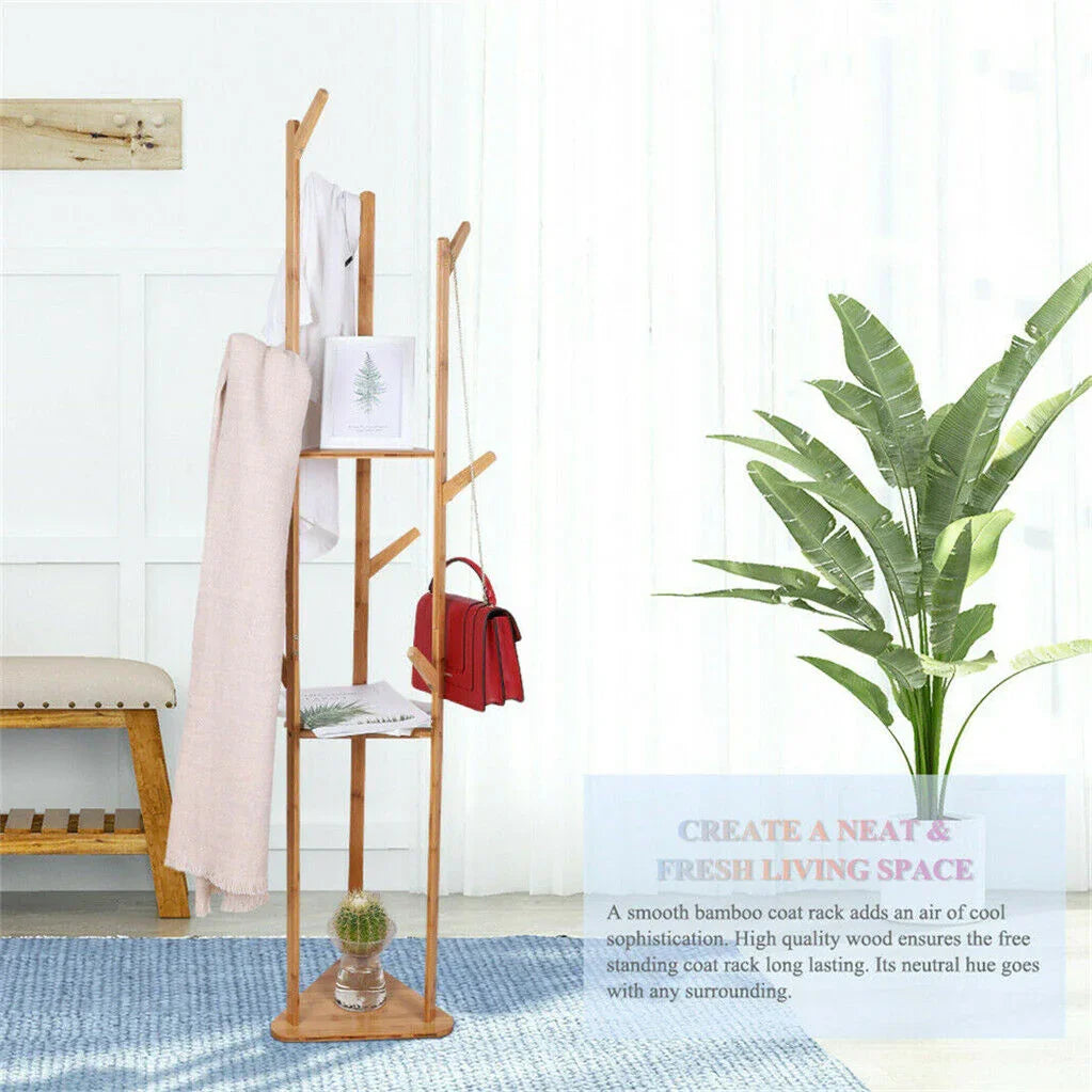Bamboo Coat Rack Stand with Umbrella Holder - Hanging Storage