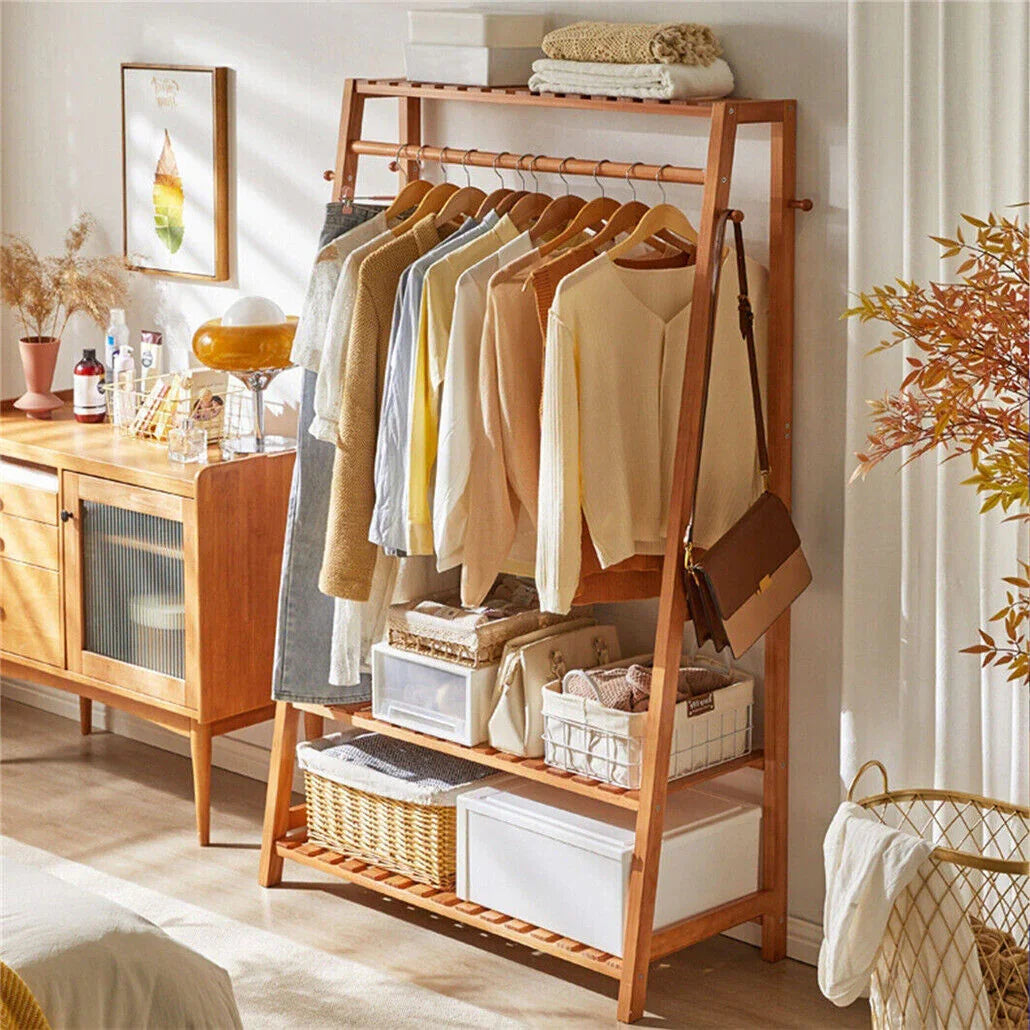 Bamboo Garment Rack Portable Laundry Storage Nature -