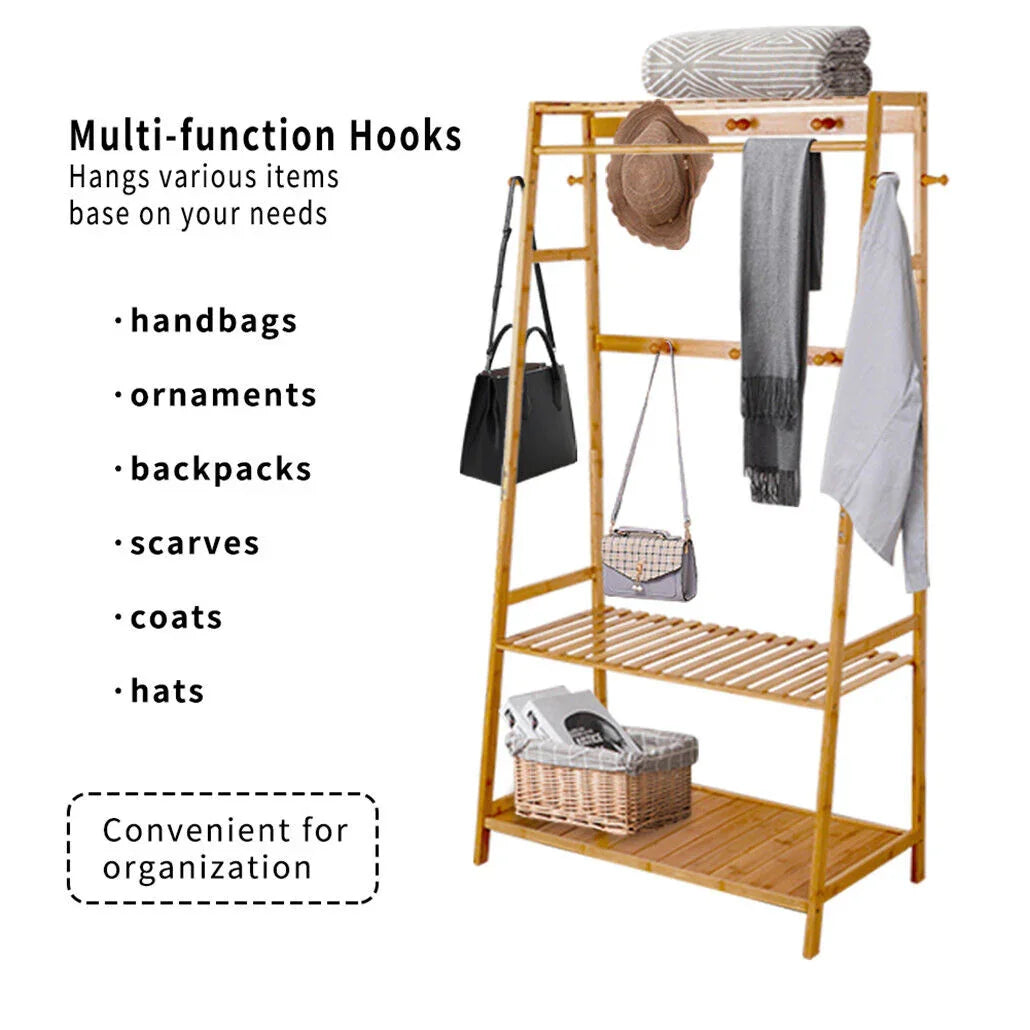 Bamboo Garment Rack Portable Laundry Storage Nature -