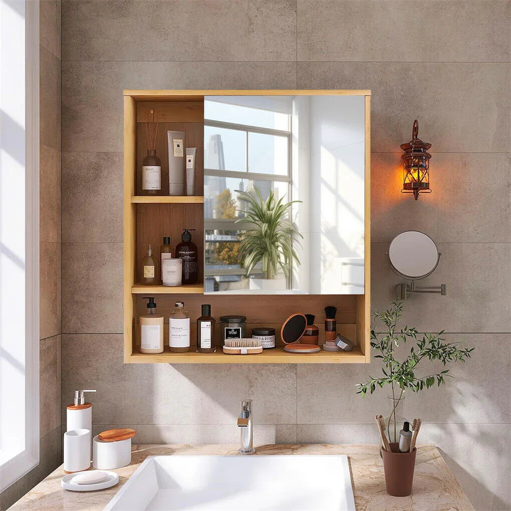 Bamboo Wall Medicine Cabinet Mirror 55.5cm 5 Shelf