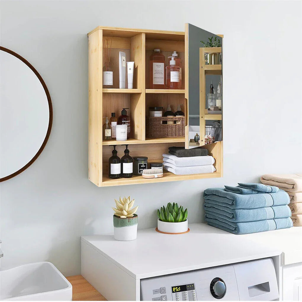 Bamboo Wall Medicine Cabinet Mirror 55.5cm 5 Shelf