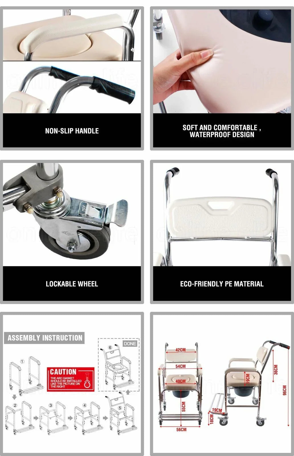 Aluminum Bedside Commode Chair 200kg Mobile Shower Toilet Wheelchair