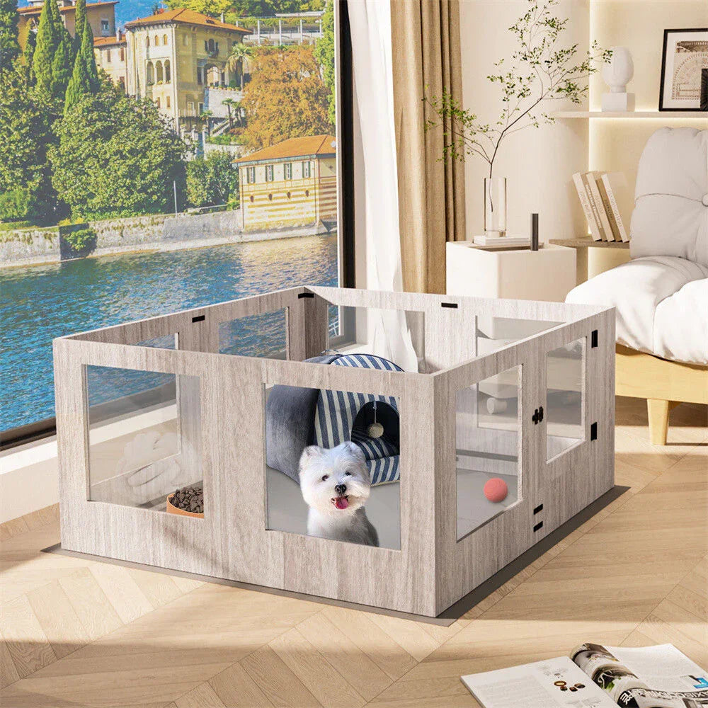 Indoor Dog Pen Tempered Glass Kennel w/ Pad
