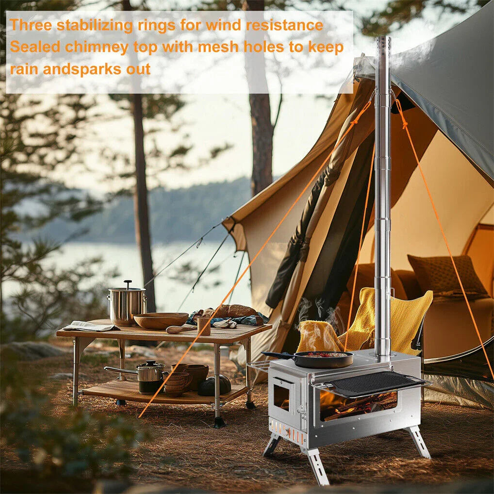 Stainless Steel Wood Burner Stove for Camping w/ Chimney & Bag