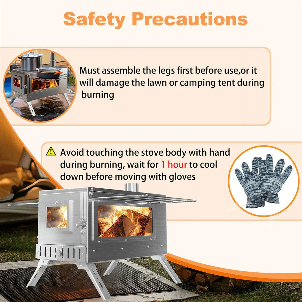 Stainless Steel Wood Burner Stove for Camping w/ Chimney & Bag