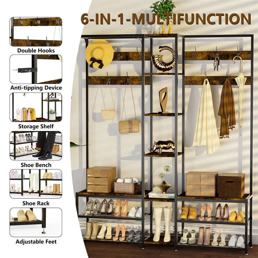 Corner Coat Stand with Shoe Bench Metal & MDF Organizer