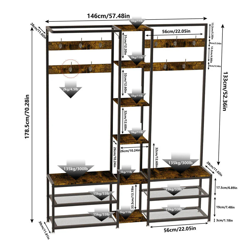 Corner Coat Stand with Shoe Bench Metal & MDF Organizer