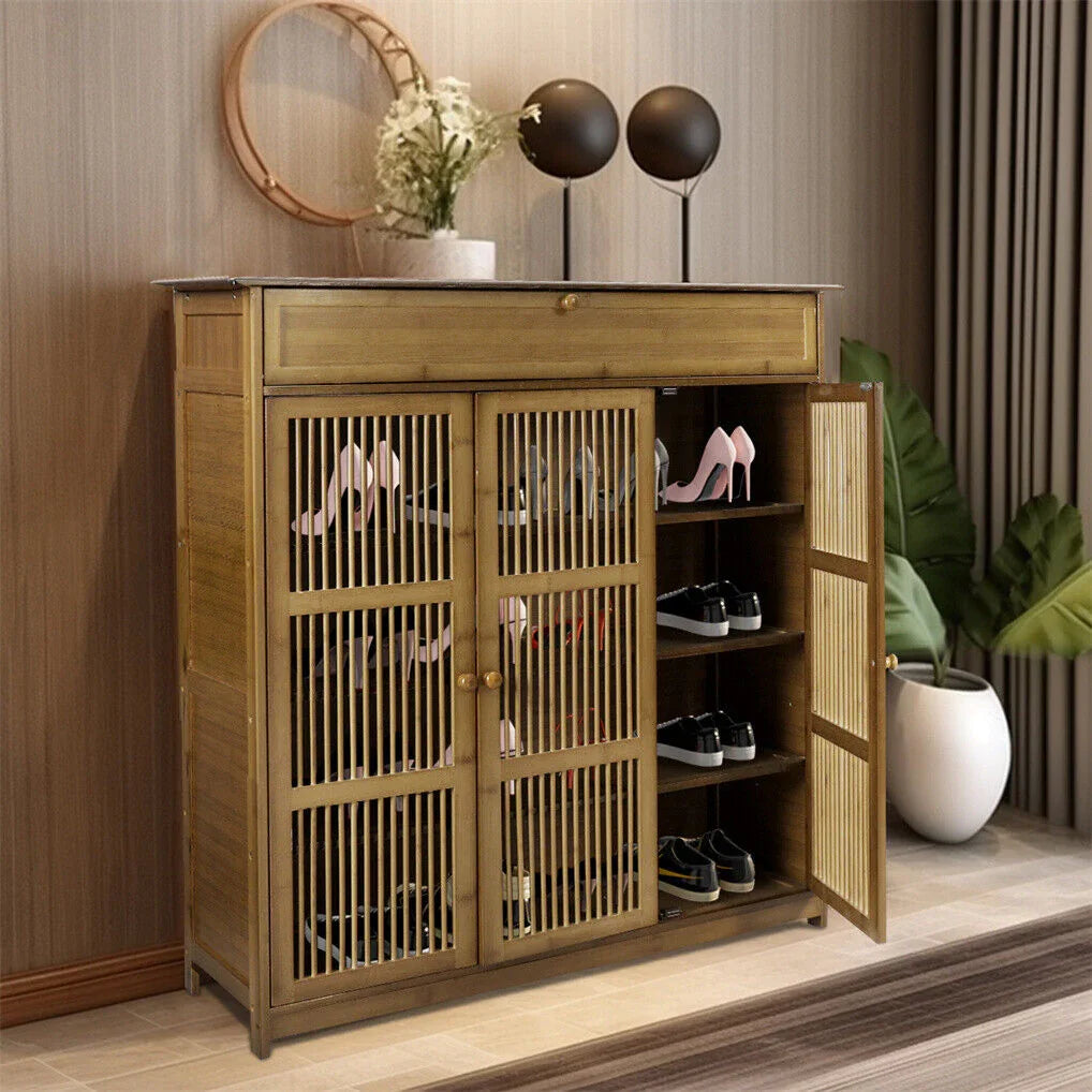 Wooden Shoe Rack XL 4 Tier 3 Doors Drawers Shelves Cabinet Organizer