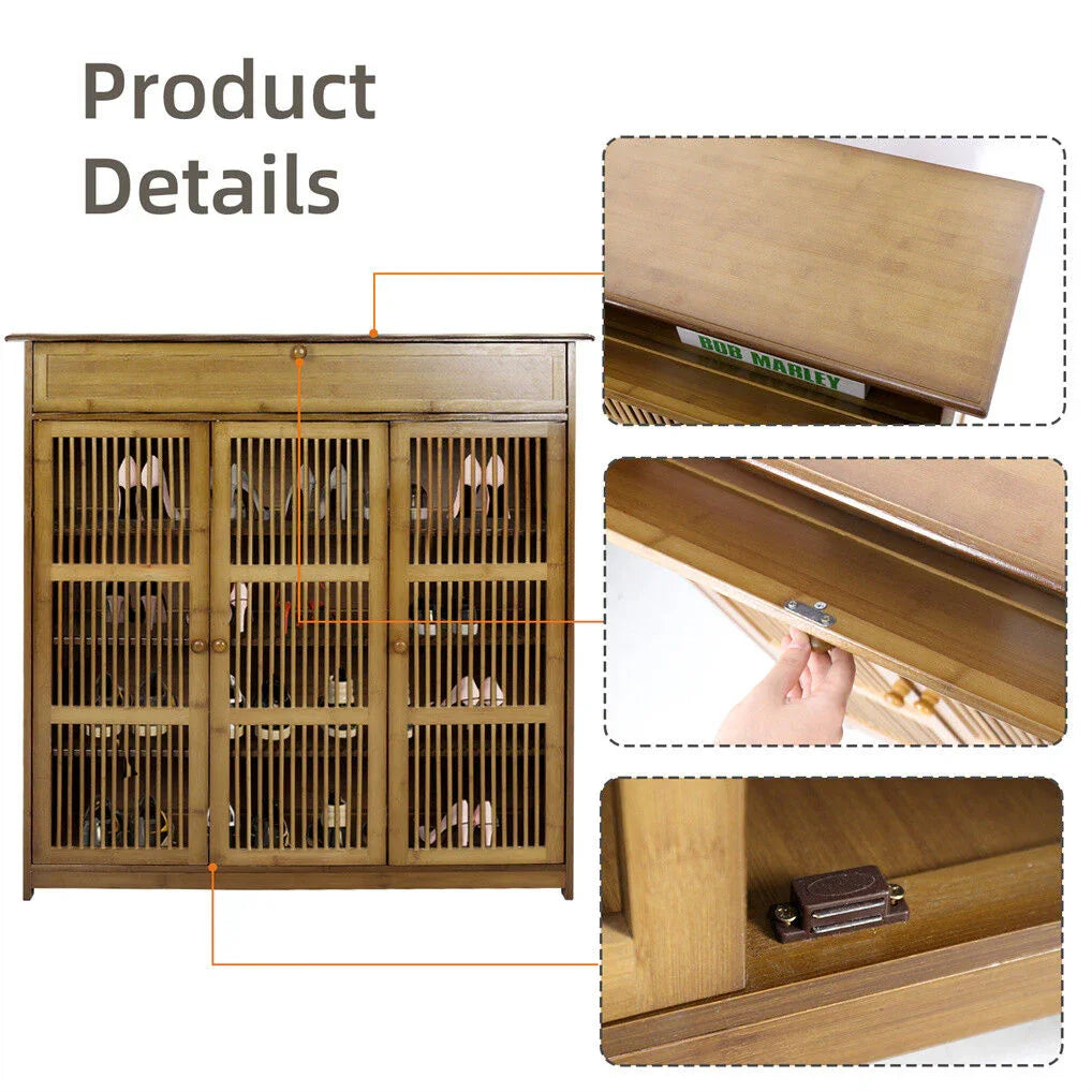 Wooden Shoe Rack XL 4 Tier 3 Doors Drawers Shelves Cabinet Organizer