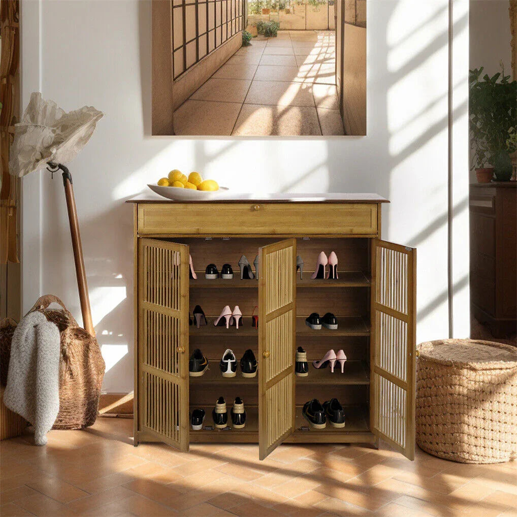 Wooden Shoe Rack XL 4 Tier 3 Doors Drawers Shelves Cabinet Organizer