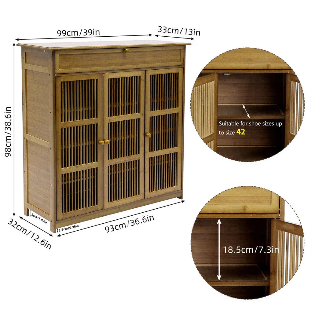 Wooden Shoe Rack XL 4 Tier 3 Doors Drawers Shelves Cabinet Organizer