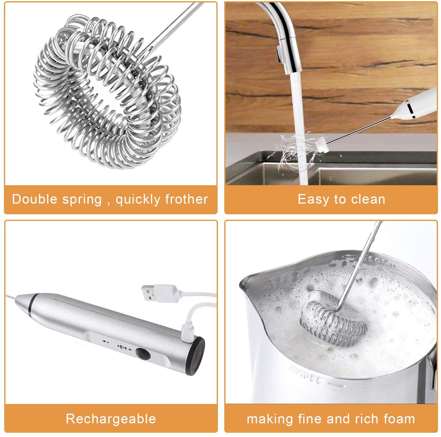 Silver Rechargeable Electric Milk Frother Handheld 3 Speeds