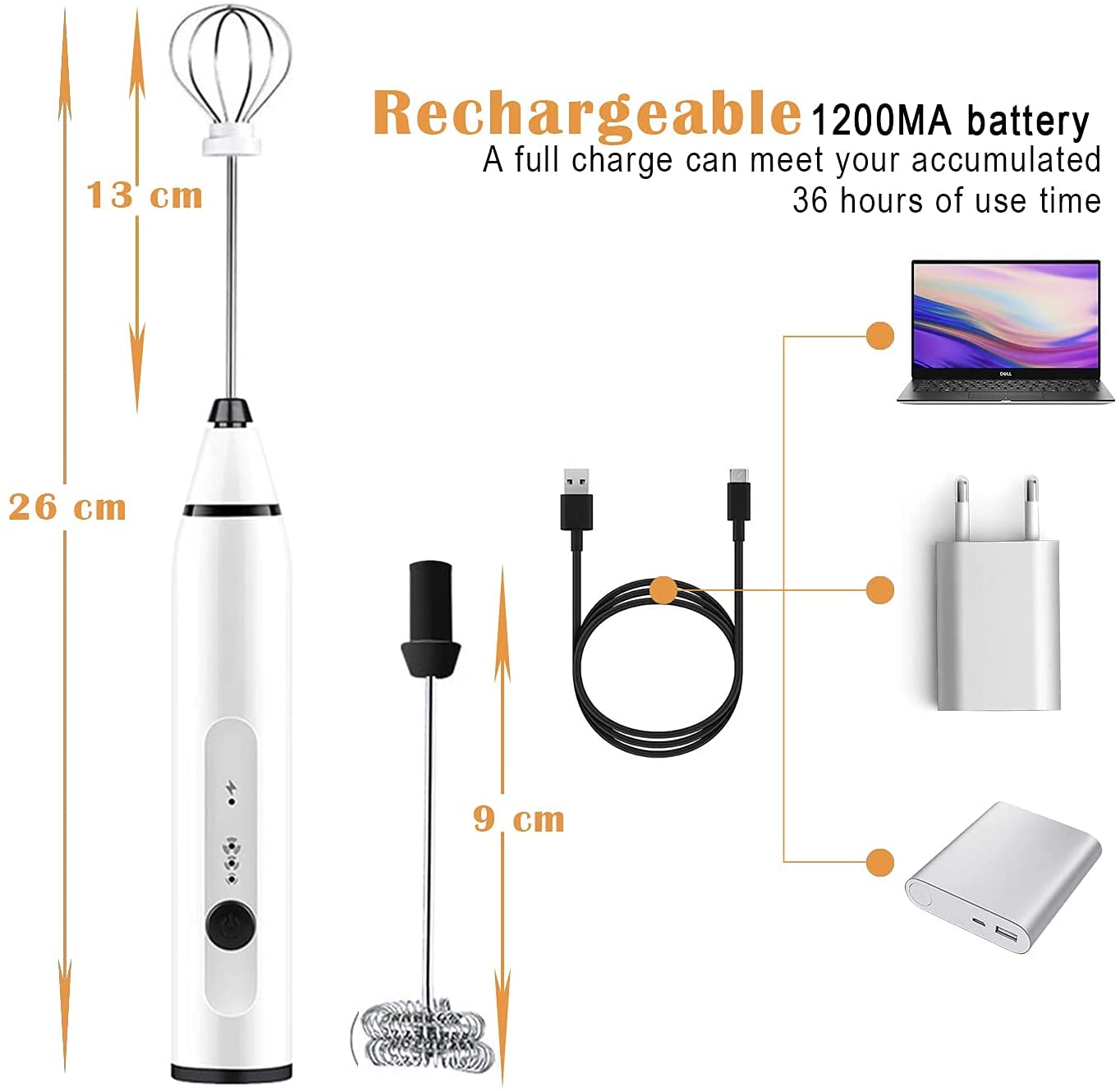 Silver Rechargeable Electric Milk Frother Handheld 3 Speeds