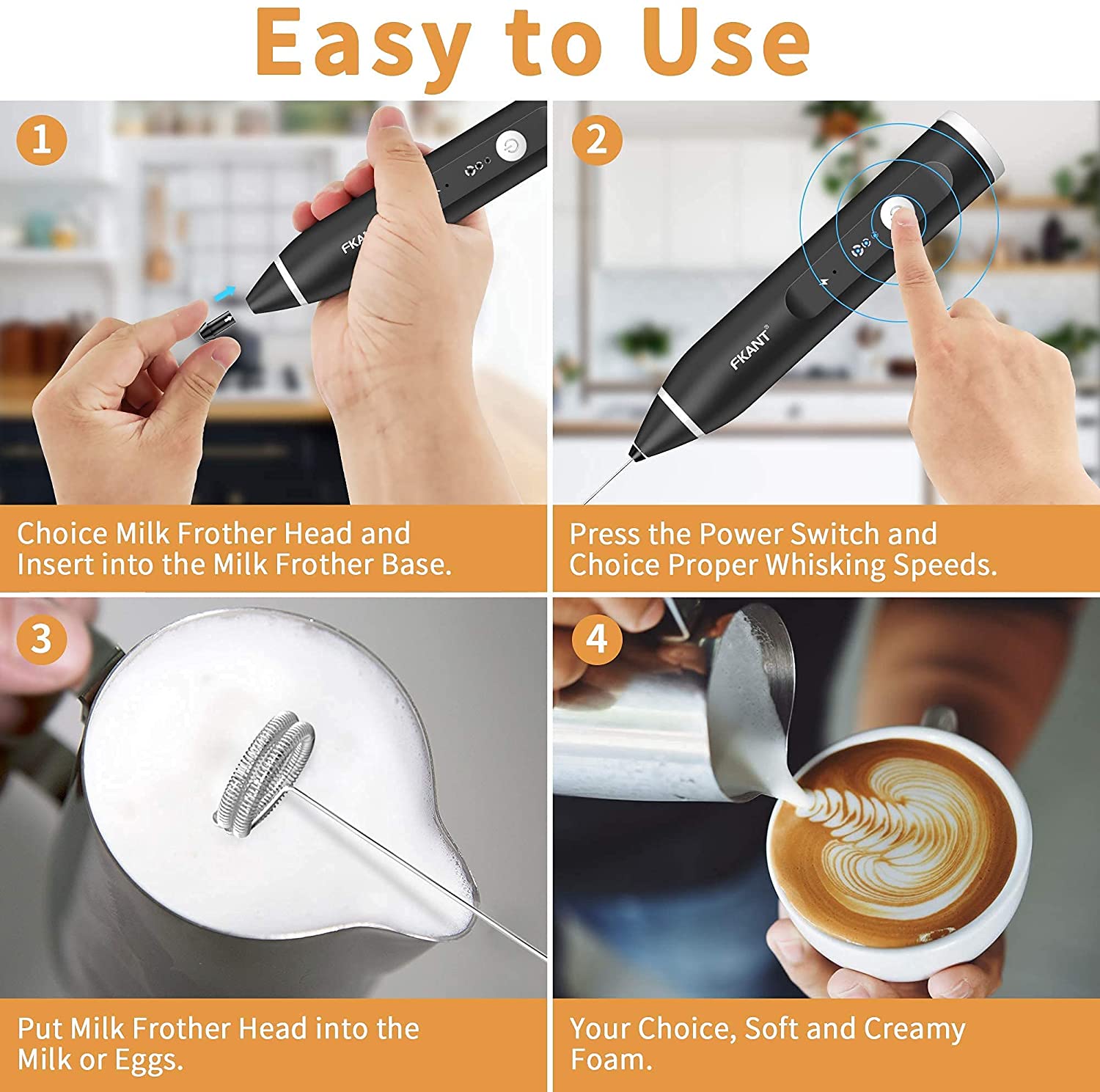 Black Rechargeable Electric Milk Frother Handheld 3 Speeds