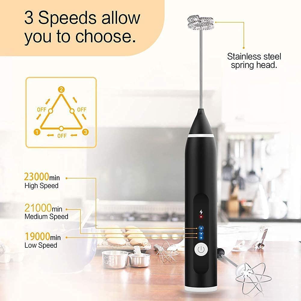 Black Rechargeable Electric Milk Frother Handheld 3 Speeds