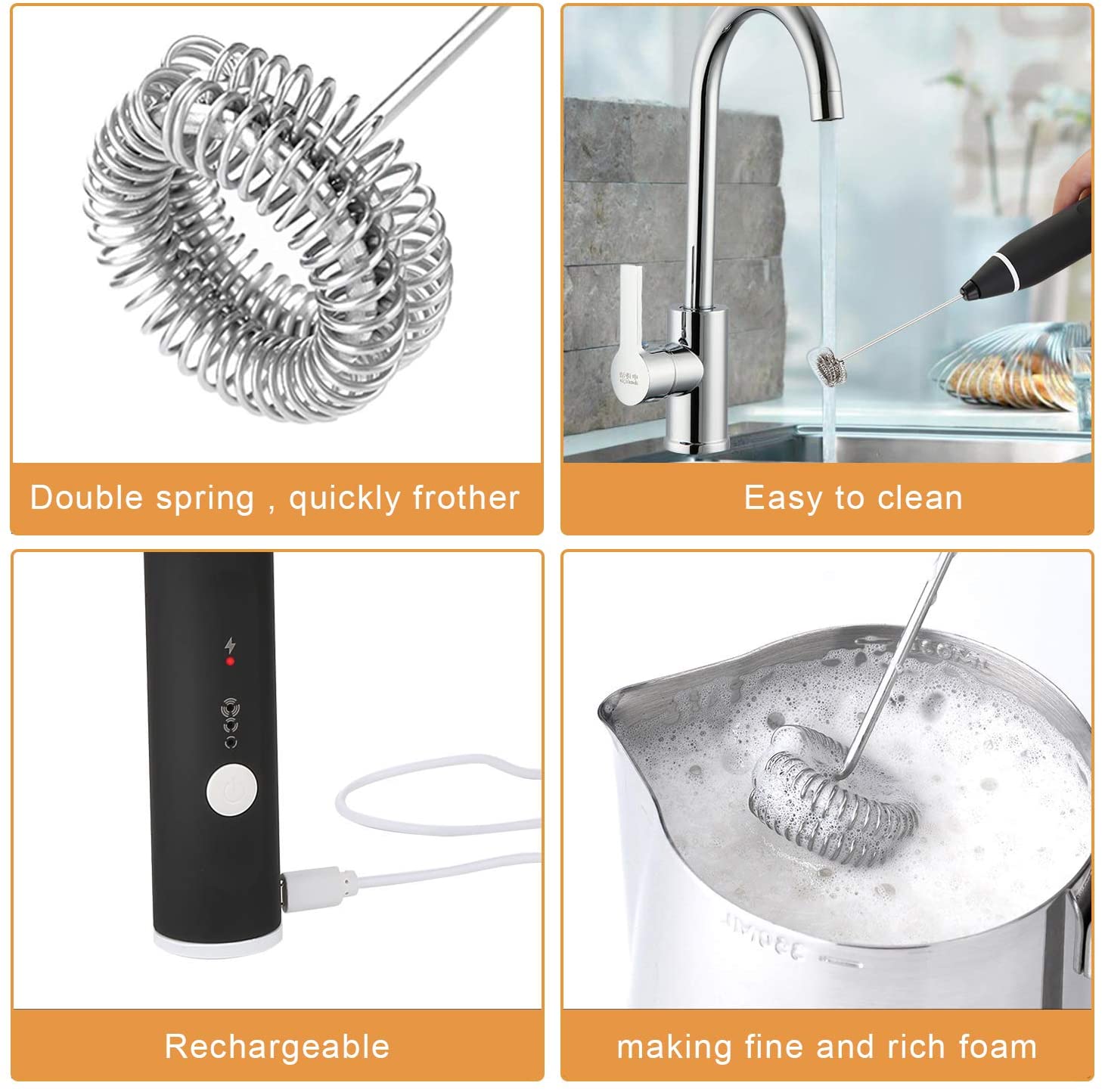 Black Rechargeable Electric Milk Frother Handheld 3 Speeds