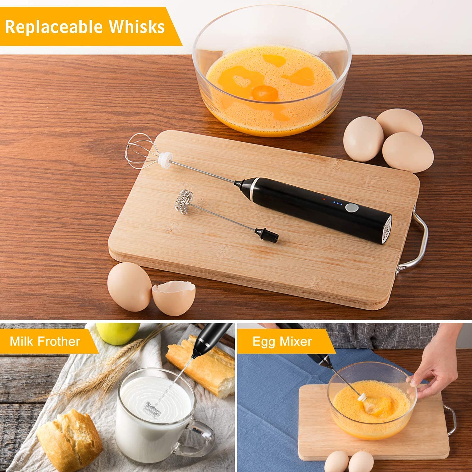 Black Rechargeable Electric Milk Frother Handheld 3 Speeds