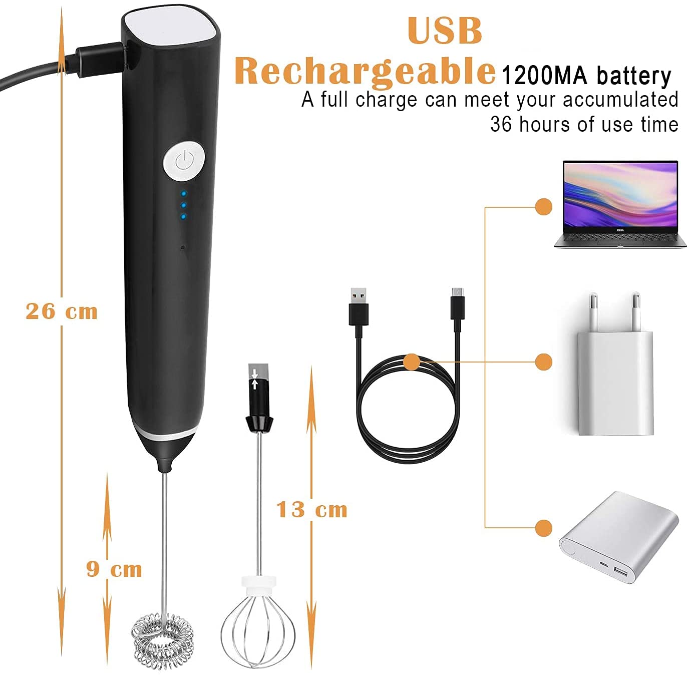 Black Rechargeable Electric Milk Frother Handheld 3 Speeds