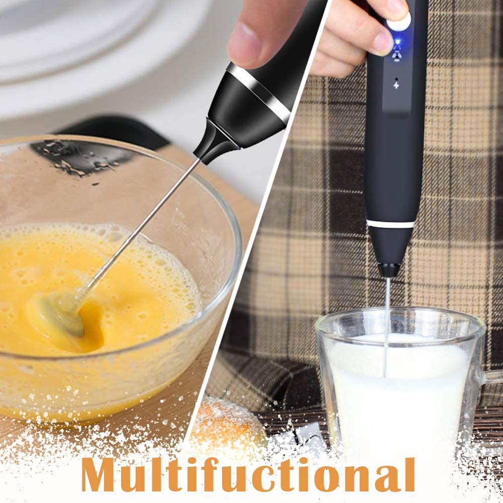 Black Rechargeable Electric Milk Frother Handheld 3 Speeds
