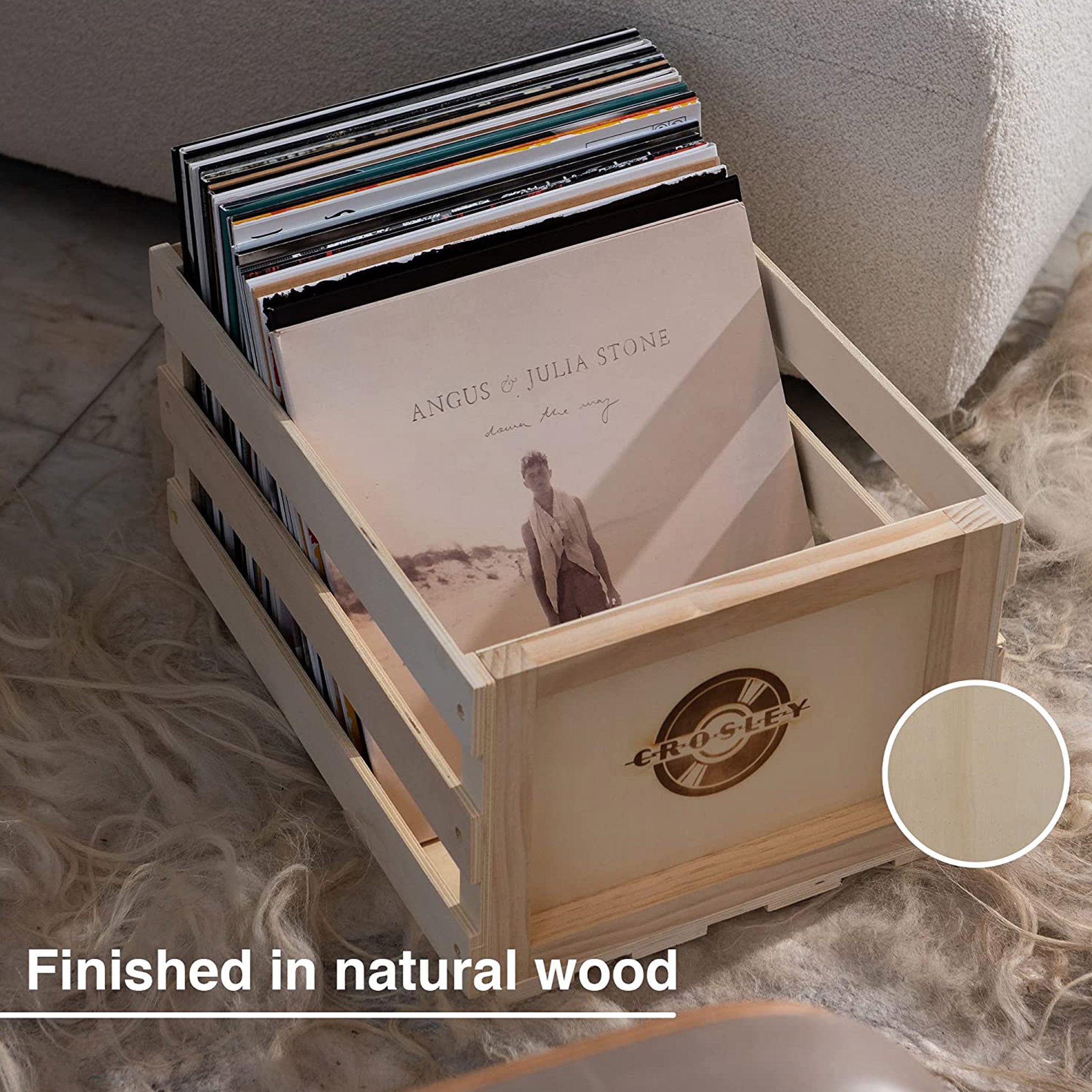 Vinyl LP Record Storage Crate Natural Wood Holds up to 75