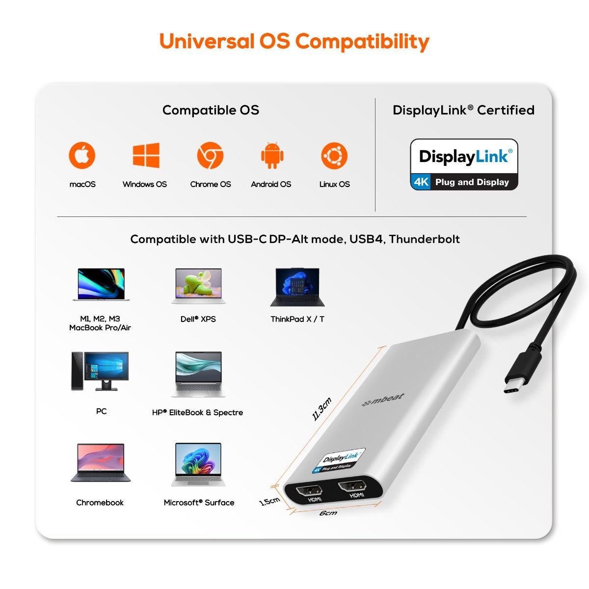 USB-C Dual 4K HDMI DisplayLink® Adapter with PD Pass-through