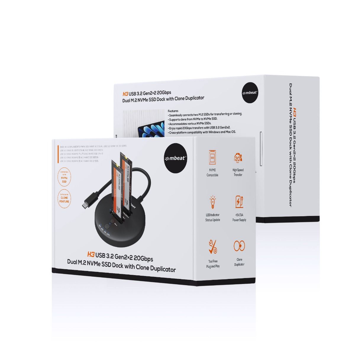 H3 USB 3.2 Gen2x2 20Gbps Dual M.2 NVMe SSD Dock with Clone Duplicator (Black)