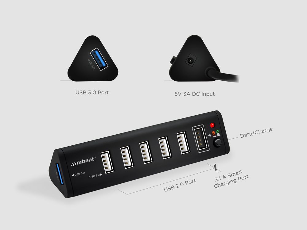 7-Port USB 3.0 x 1 + USB 2.0 x 6 Hub with 2.1A Smart Charging Function