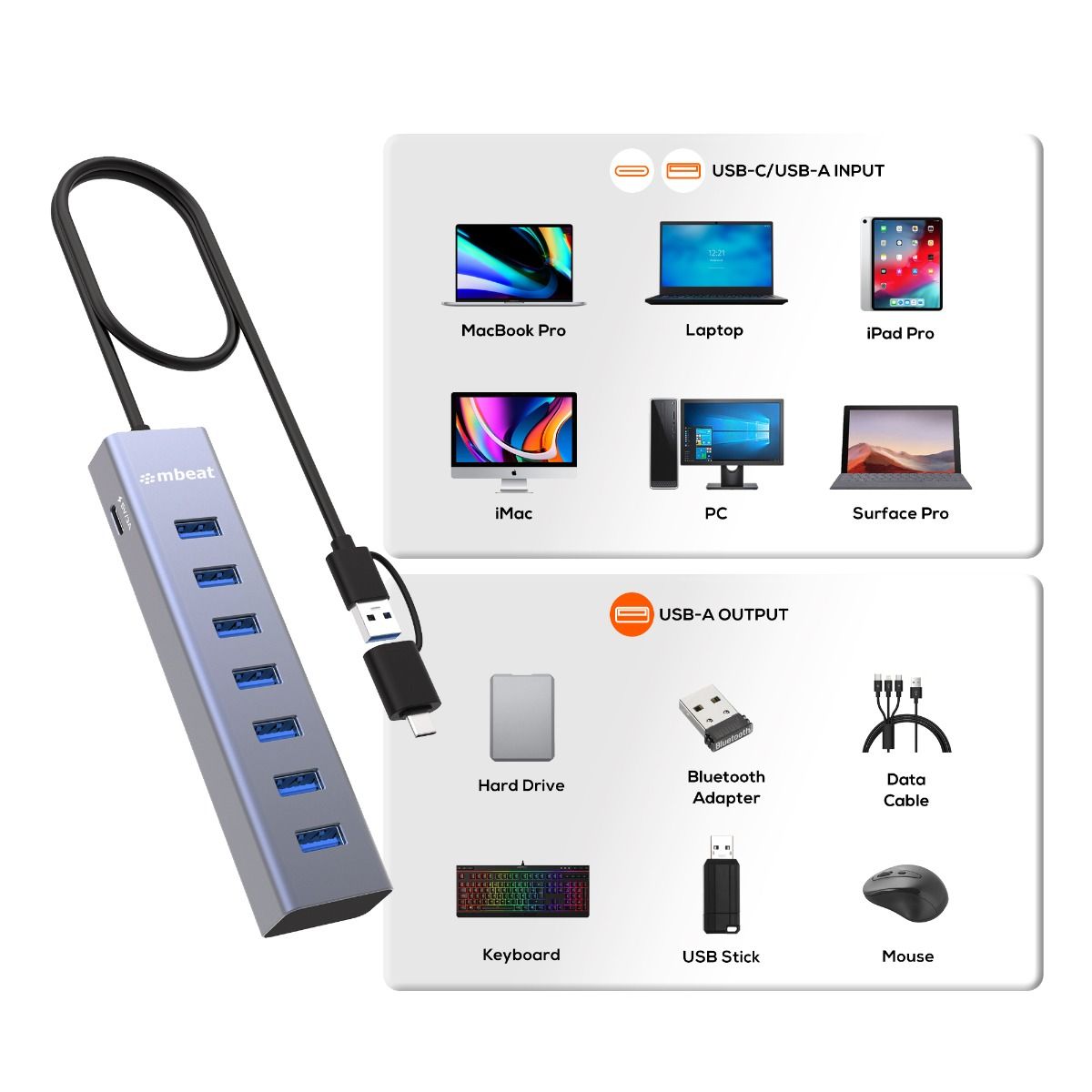 7-Port USB Hub with Dual USB-A & USB-C Connector