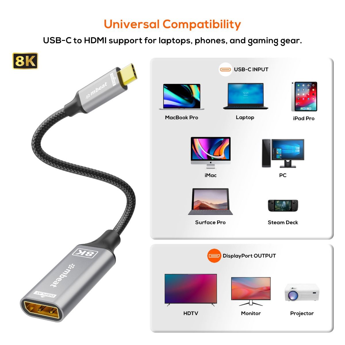mbeat Tough Link 8K USB-C to DP Adapter - Space Grey
