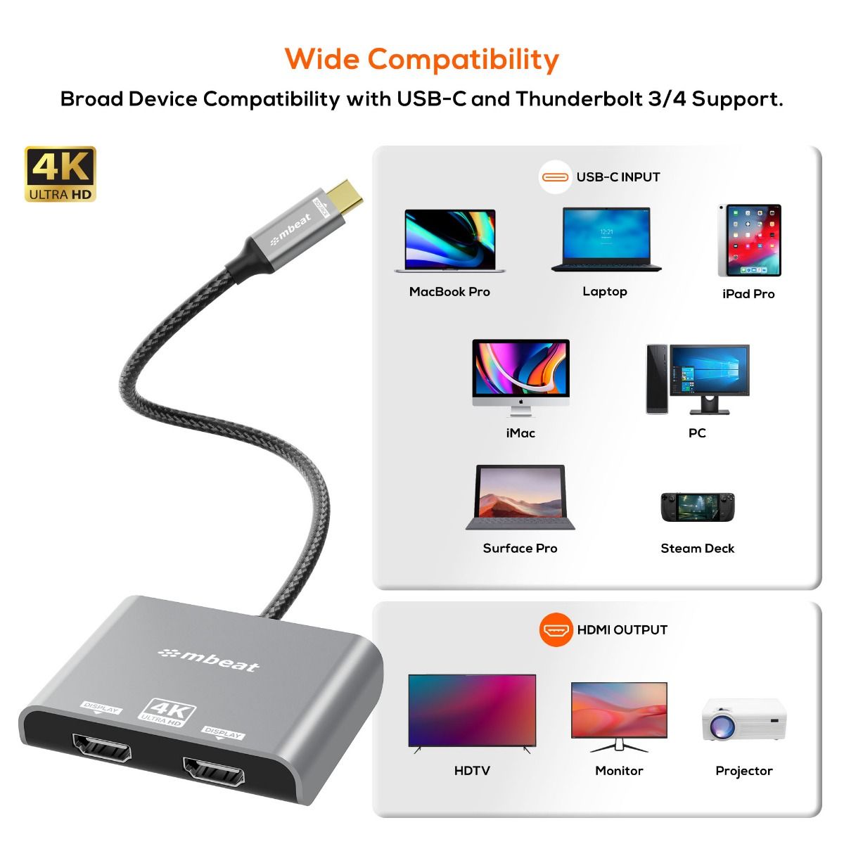 mbeat Tough Link USB-C to Dual 4K/60Hz HDMI MST Adapter - Space Grey
