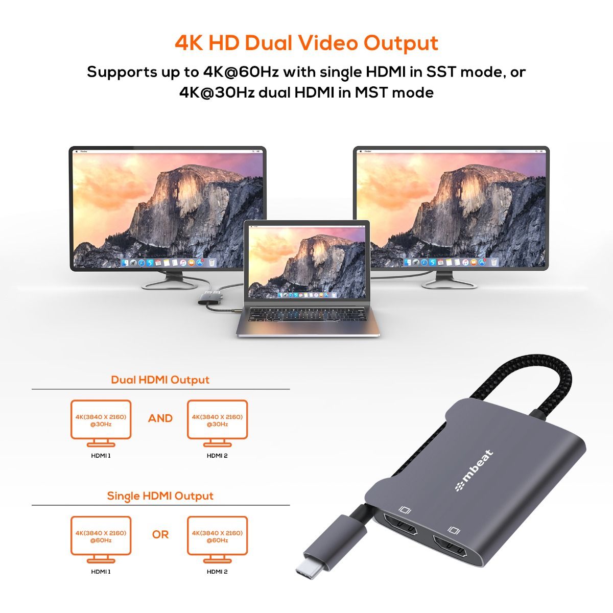 Tough Link USB-C to Dual 4K HDMI Adapter - Space Grey