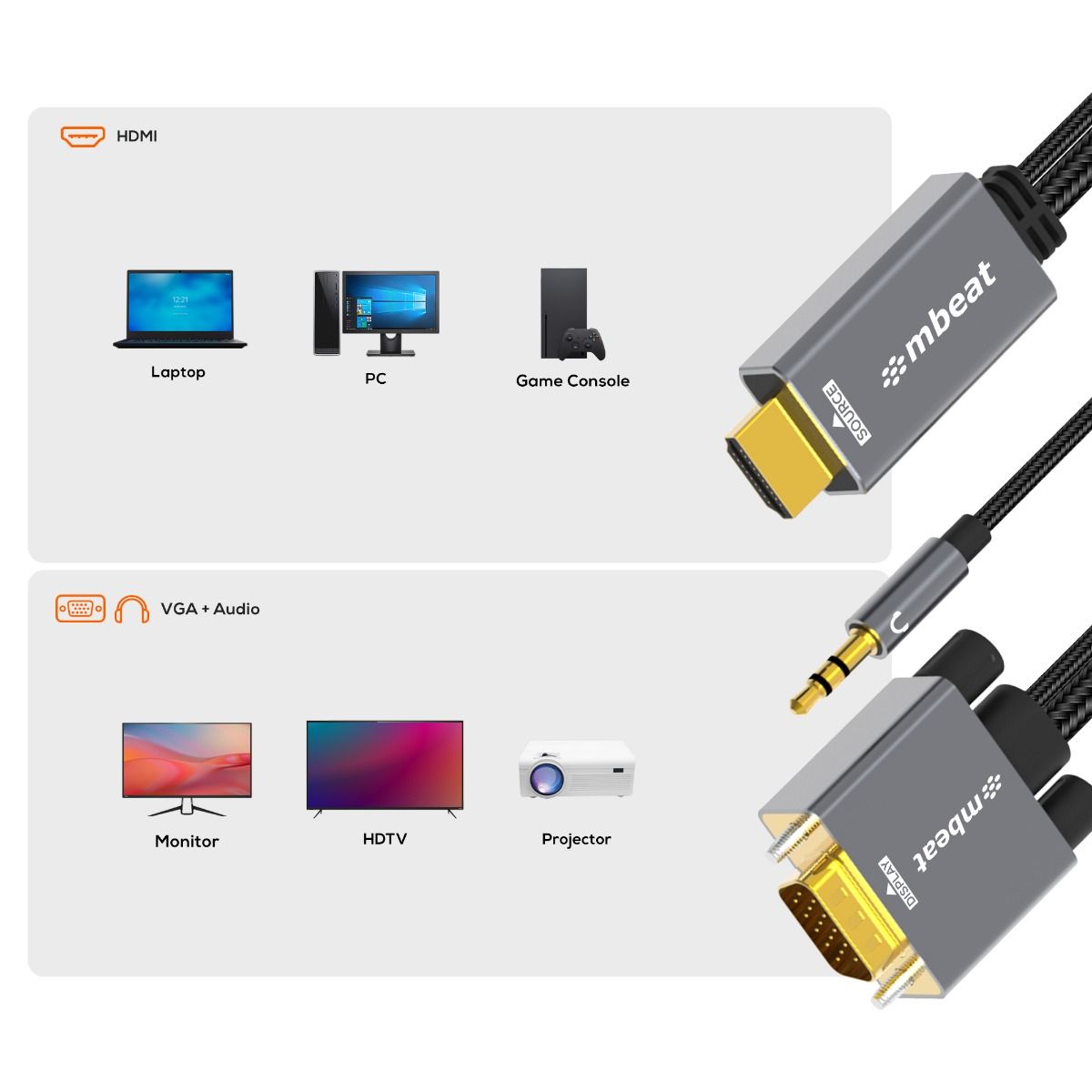 mbeat Tough Link 1.8m HDMI to VGA Cable with USB Power & 3.5mm Audio