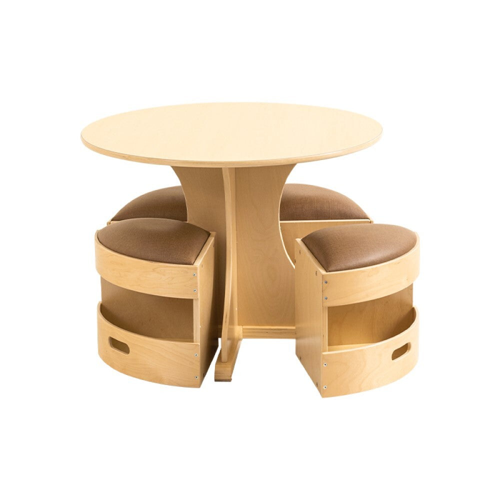 Kids Round Wooden Table with Storage Stools Brown - Set Of 5