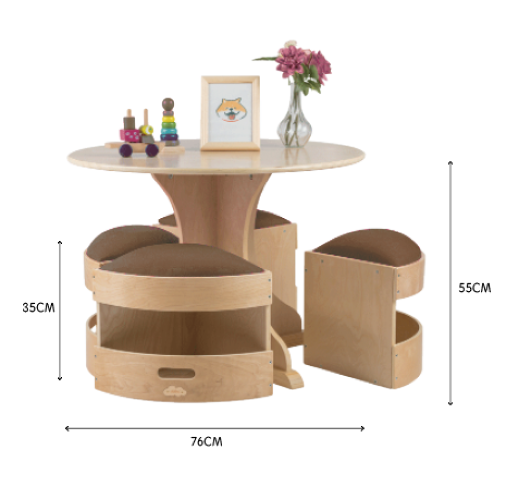 Kids Round Wooden Table with Storage Stools Brown - Set Of 5