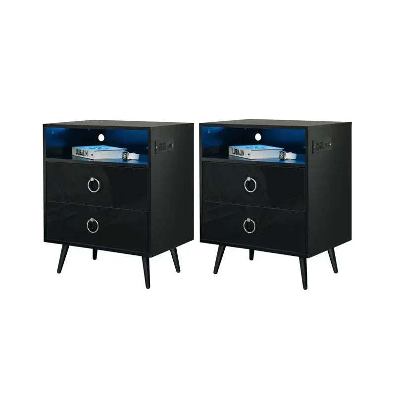 Amelia Modern LED Bedside table with USB and power socket black x 2