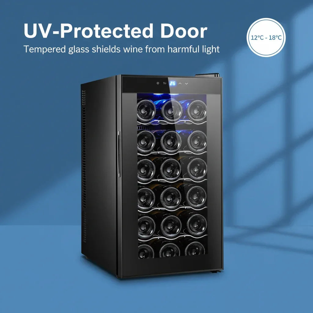18 Bottle Thermoelectric Wine Fridge, 130W, UV Protected Glass Door, Soft LED Illumination