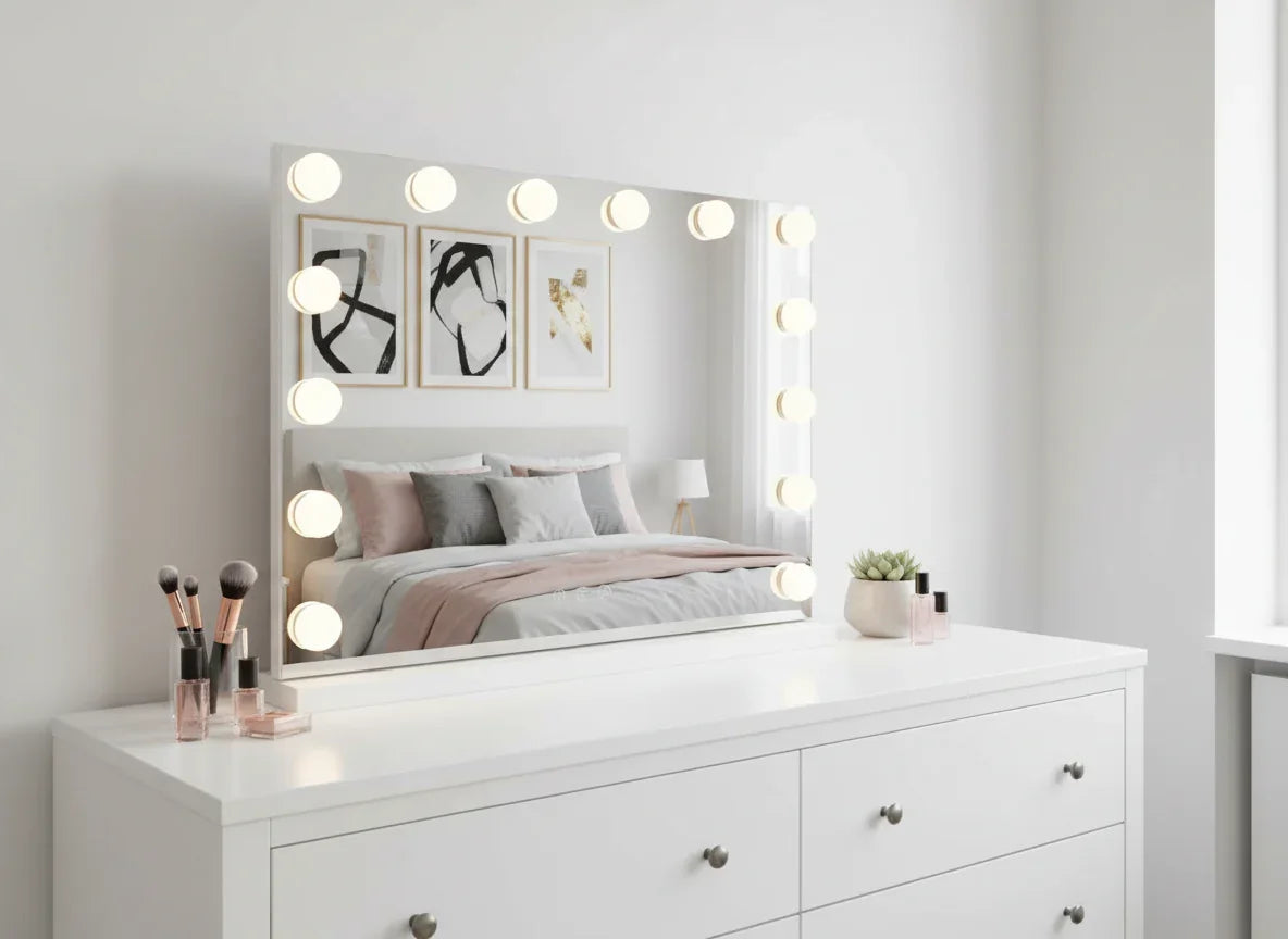 LED Beauty Mirror with 14 Bulbs, Colour Settings, USB A and USB C, White, 50 × 42cm